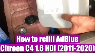 How to refill with AdBlue & where to find filler cap on Citroen C4 1.6 HDI, UREA warning light