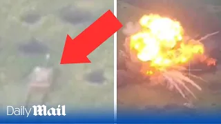 Moment Russian suicide tank packed with explosives detonates by Ukrainian trenches