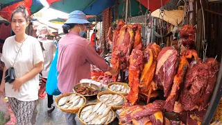 Cambodian street food at Traditional market Scenes - Fish, pork, vegetables, seafood & more