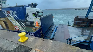 Docking MV Hoy Head at Lyness in poor weather.