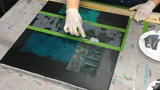 Abstract acrylic painting | squeegee technique trowel, black putty, iron filings, oxidation and rust