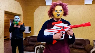 Nerf War Game Chacky vs Horned monster  рогатый монстр против Чакки Нашел новый  Фортнай