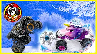 Monster Jam Trucks Play at the Park | MAX-D Finds Ice Princess SPARKLE SMASH & Helps SPIDER-MAN Home
