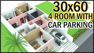 30'-0"x60'-0"  3D House Plan | 30x40 4 Room With Car Parking 3D Home Design | Gopal Architecture