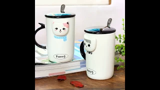 Ceramic Mug Cat Face Embossed With Spoon