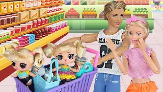 Barbie and Ken Take Twin Toddlers Shopping for School Supplies and Groceries