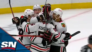 Blackhawks' Kevin Korchinski Gets The Tip-In Off Raddysh's Skate For First NHL Goal