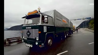 NORWEGIAN AND SWEDISH OLD TIMERS TRUCKING TO WESTERN NORWAY IN A CONVOY OF OLD SCANIA'S. NRK PROGRAM