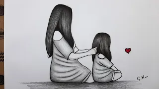 Mother's Day Drawing Easy, How to Draw Mother and Daughter Picture Step by Step