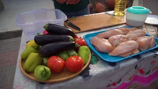 CHICKEN BREAST with VEGGIES on a FRYING PAN