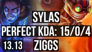 SYLAS vs ZIGGS (MID) | 15/0/4, Legendary, 6 solo kills, 300+ games | EUW Master | 13.13