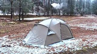 Solo Hot Tent Winter Camping in ICE RAIN, SLEET and SNOW | Wood Stove ASMR