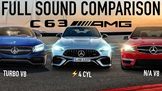 Mercedes C63 AMG Generations FULL SOUND COMPARISON // 4 cyl VS turbo V8 VS 6.3 V8