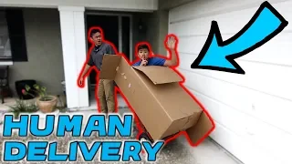 DELIVERING HUMAN IN CARDBOARD BOX TO STRANGERS HOUSE! (BTS)