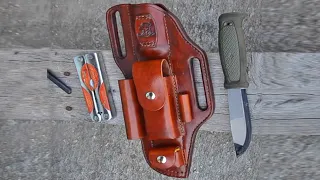 Cross Draw Custom Leather Sheath For Mora Knives. With Multitool Pouch & Flashlight,  Firesteel Loop