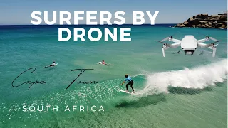 Surfers by drone. At Cape Town, South Africa