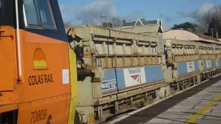 colas rail class 70 at yatton with a big engineers train sorry about the kids shouting