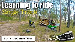 Learning to Ride Single Track - Kid on KLX110 with Dad - Intercoms