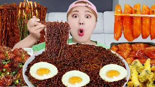 Mukbang! Spicy Noodle & MALA XIANG GUO TTeokbokki Korean Chicken Dog Snack EATING by HIU 하이유