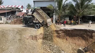 Incredible Canal Slope Foundation Construction Technology Working mighty Dump Truck Unloading Rock