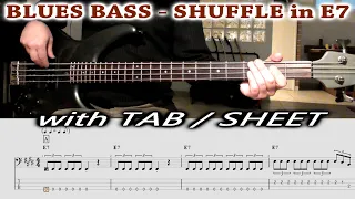 BLUES BASS TAB Shuffle in E7 | Lesson Playalong | 12 BAR BLUES Bass Line