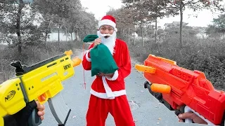 Battle Nerf War: Santa Claus Use Nerf Guns Robbers Group Skills Rescuing Blue Police Dr Octopus