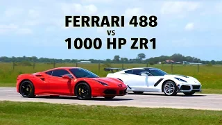 660 HP Ferrari 488 GTB vs 1000 HP Hennessey ZR1 Corvette Roll Race Comparison