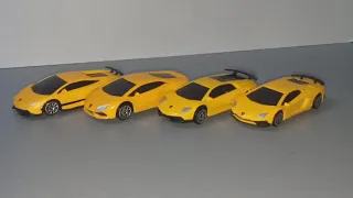 Diecat 1/64 scale RMZ City Yellow Lamborghini Gallardo, Hurracan,  Murcielago, Aventador comparison