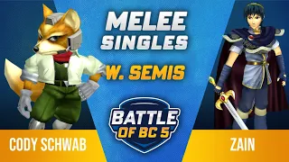 Cody Schwab (Fox) vs Zain (Marth) - Melee Singles Winners Semi-Final - Battle of BC 5