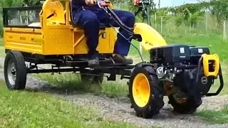Plow, double mower, trailed cultivator, rotary plow and trailer. CampoU14e progarden mini tractor.