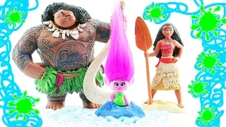 Disney Moana Vs DreamWorks Trolls 2017 w Poppy, Slime, Kinetic Sand & Rocks Challenge & Numbers!