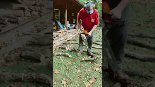 Cutting scrap limb wood FIREWOOD for mom