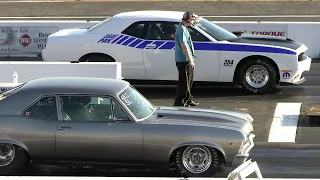 Chevy Nova vs Challenger Drag Pack and Hellcat - old vs new school drag racing