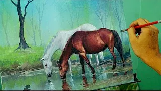 Acrylic Painting Lesson - Horses in the Misty Forest by JM Lisondra