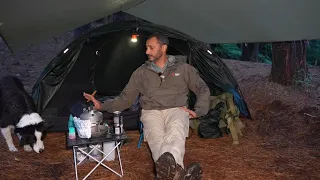 Camping i kraftig regn - telt og presenning - hund - ASMR