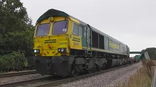 Felixstowe container freight trains passing gun lane footbridge,trimley 24/9/21