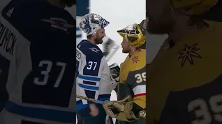 Laurent Brossoit handshakes Connor Hellebuyck (whom Brossoit backed up)