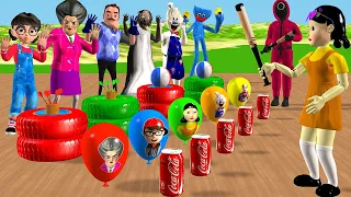 Scary Teacher 3D vs Squid Game Mask Balloons and Beverage vs Throw Ball Accurately 4 Times Challenge