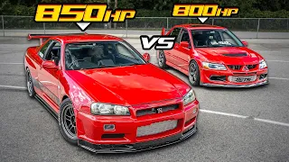 850HP Skyline R34 VS 800HP Evo 8 - AWD JDM Legends! (RB30 VS 4G63)