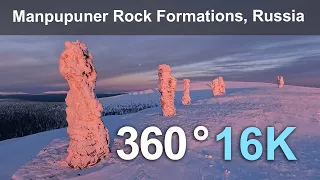 Manpupuner rock formations, Russia. 16K 360 aerial video.