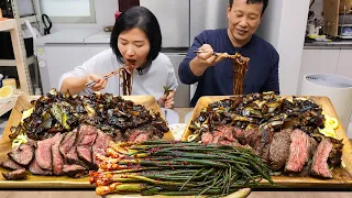 스테이크엔 짜장면이지~!!! 파김치는 필수 Beef Steak🥩 and Jajangmyeon🍜 green onion kimchi MUKBANG