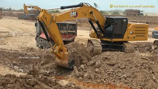 Hitachi Zaxis 350h Excavator Vs Caterpillar 336 Excavator Loading Dump Trucks.