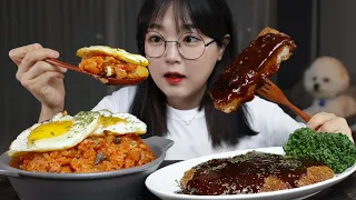 Kimchi Fried Rice and Tonkatsu (pork cutlet) Mukbang Asmr