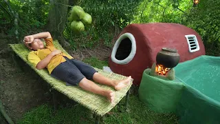 Survival Girl Camping Living Alone Building a House Mini with Bathtub in the Woods