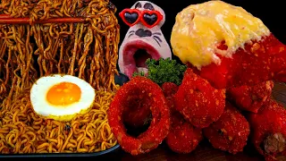 Eating show with Homemade Cheetos Chicken, Onion Rings & Black Bean Noodles ASMR (SUB)