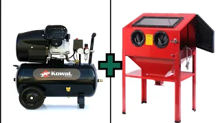 Test zestawu do piaskowania. Kompresor 50l V2 230V 390l Kowal Polska i Kabina 220l 