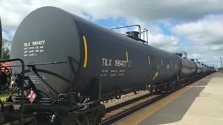 a westbound Crude oil train Mets a eastbound sand train at Elkhart station