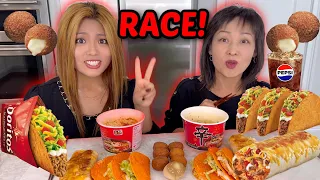 CHEESY BURRITO & SPICY RAMEN RACE EATING COMPETITION!