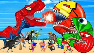 10 Tyrannosaurus Rex vs 10 Pacman vs Godzilla zombie attack giant dinosaur saved by Gorilla Mastodon