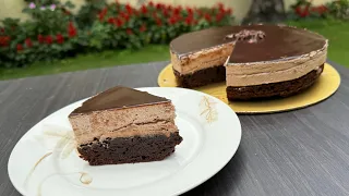 Chocolate Mousse Brownie Cake Recipe by ( ovenishdelights) #homemade #moussecake #chocolateganache